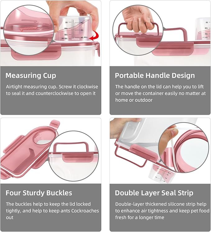 5-7Lbs Dog Cat Food Storage Container with Upgraded Large Nozzle BPA-free, 4 Snap Seals Plastic Pet Food Storage Containers with Handles (Clear Pink, (5L+3L) 2pack)