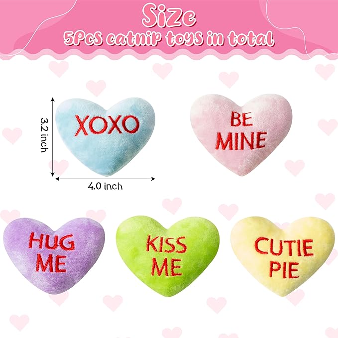 MALLMALL6 5Pcs Valentine’s Day Conversation Heart Catnip Toys Gift for Cat, Indoor Kitten Chew Bite Kick Plush Candy Catmint Pet for Cat Lover Gifts, Cute Interactive Cat Supplies for Pet Presents