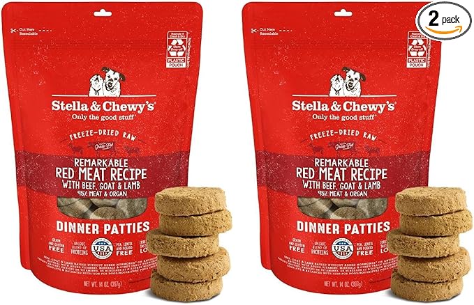 Stella & Chewy's Freeze-Dried Raw Dinner Patties - Remarkable Red Meat Blend - High Protein Grain-Free Puppy & Dog Food - Perfect for Picky Eaters - 14 oz, (Pack of 2)