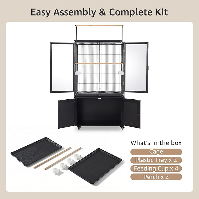 beeNbkks 65" Bird Cage with Storage Cabinet & Clear View Front Doors, Rolling Metal Parakeet House with Stand, Large Parrot Aviary for Cockatiels Conures Budgies, 0.5" Bar Spacing, Deep Grey