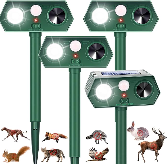 2026 Upgraded Solar Ultrasonic Animal Repellent Cat Deterrent Outdoor Motion Activated with Flash Light Repeller Keep Squirrel Deer Dog Raccoon Skunk Rabbit Away from Yard Garden Lawn 4 Pack