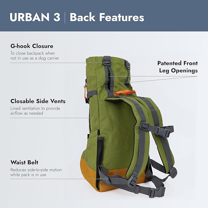 K9 Sport Sack Urban 3 - Large, Leafy - Ideal for Dogs with 20-22” Back Length - Dual-Use, Backpack-Style Carrier + Everyday Pack