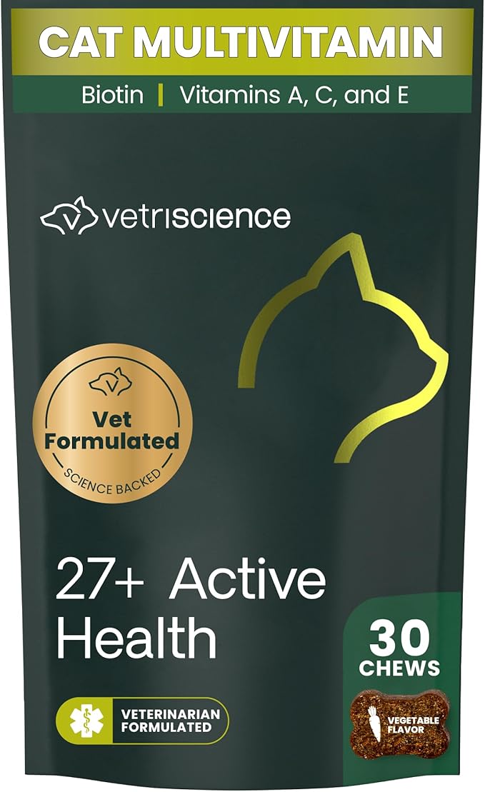 VetriScience 27+ Active Health Chews, Nu Cat Daily Multivitamin for Cats and Kittens, Balanced Vitamins, Minerals and Antioxidants, Health and Wellness Support, Fish, 30 Count