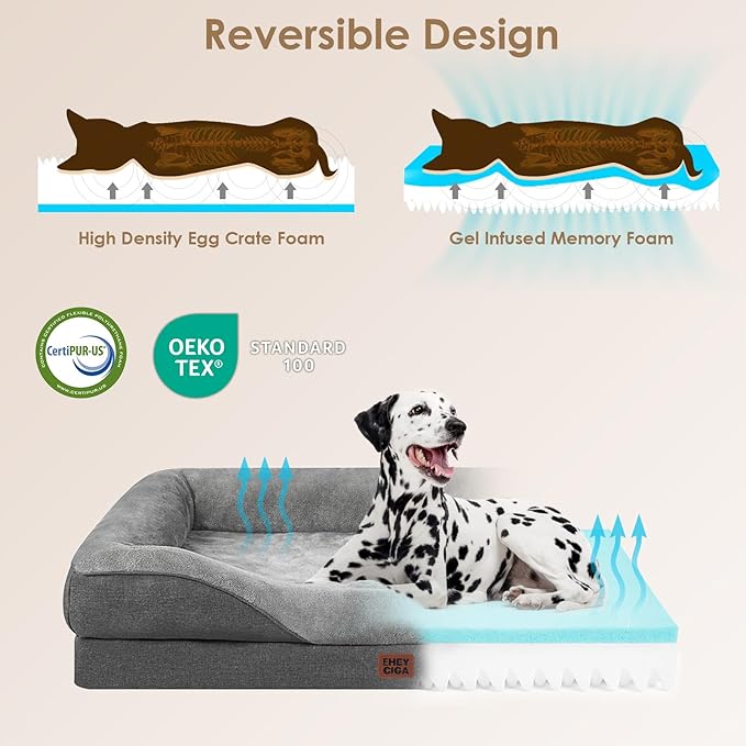 EHEYCIGA Orthopedic Dog Bed for Large Sized Dog, 41x27x7.5 Inch Large Memory Foam Dog Couch Bed with Sides, Waterproof Liner & Washable Removable Cover, Bolster Pet Sofa, Grey