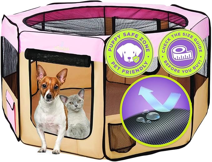Zampa Puppy Pop Up Portable Playpen for Dog and Cat, Foldable | Indoor/Outdoor Kitten Pen & Travel Pet Carrier + Carrying Case (Pink, Extra Small (29"x29"x17"))