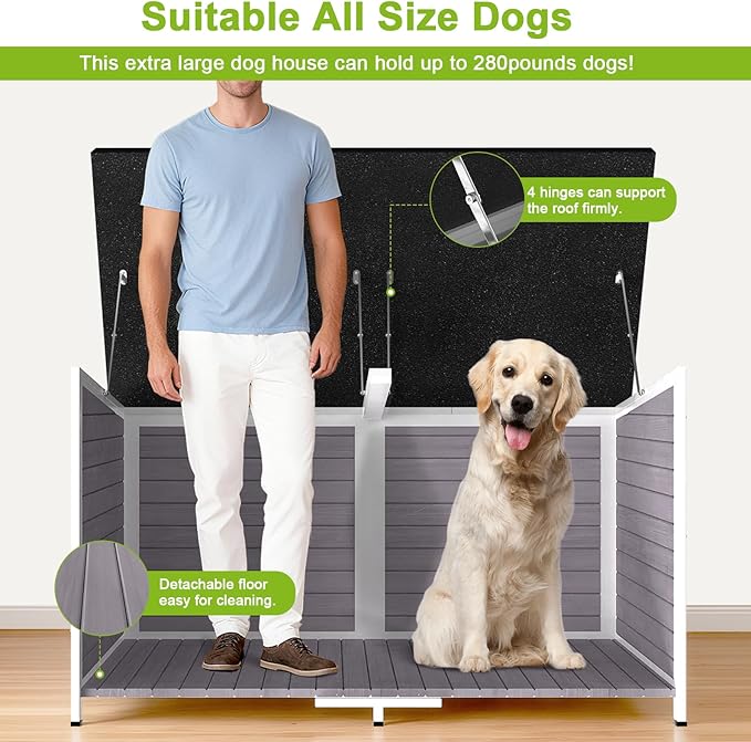 59" Outdoor Dog House with Insulated Liner, Extra Large Breed Dog Kennel, Keep Warm in Winter Outside, Easy to Install Heated Anti-Chewing Metal Frame Design for Small Medium Large Dogs