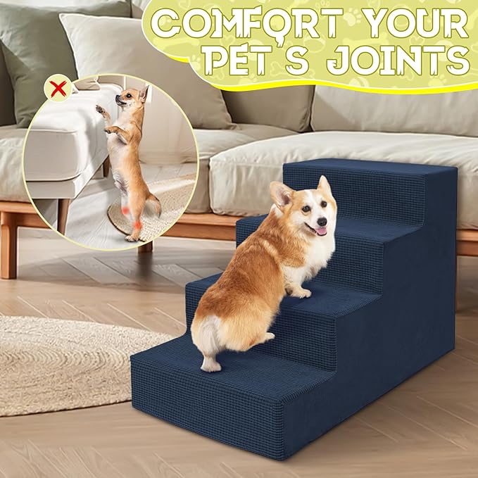 Niubya Dog Stairs for Small Dogs and Cats,18'H Non-Slip Bottom Pet Steps for High Beds and Couch,High-Density Foam Pet Stairs Navy,4 Steps