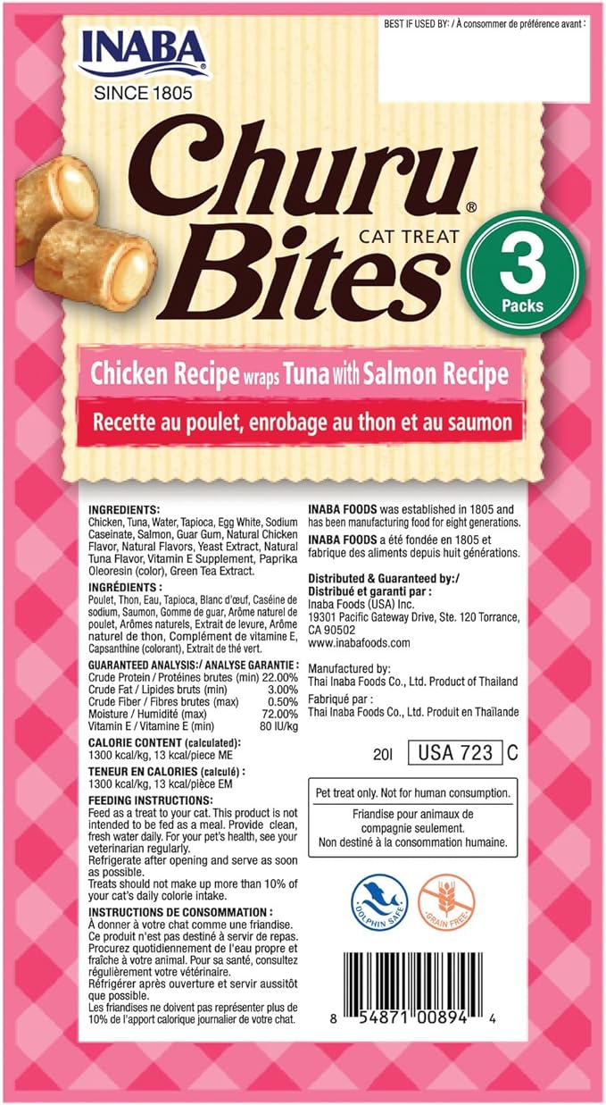 INABA Churu Bites for Cats, Soft Baked Chicken Churu Filled Cat Treats with Green Tea Extract, 0.35 Ounces Each Tube, 18 Tubes Total (3 per Pack), Tuna with Salmon Recipe (Pack of 2)