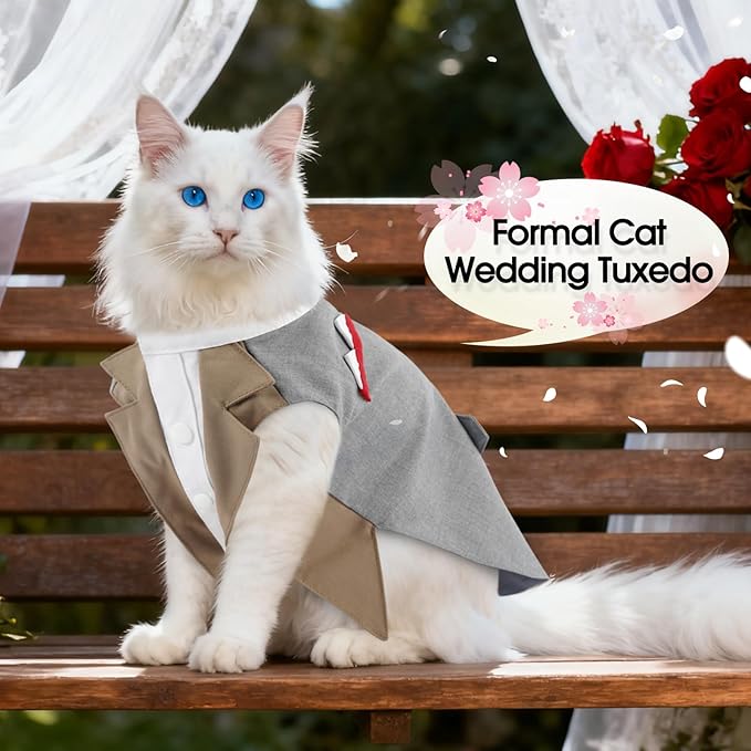 DENTRUN Cat Tuxedo Outfit Formal Suit with Shirt, Fancy Pet Tuxedo Vest for Hairless & Furry Cats, Kitten Wedding Attire Birthday Party Costume Clothes for Cats Only, XS-XXL