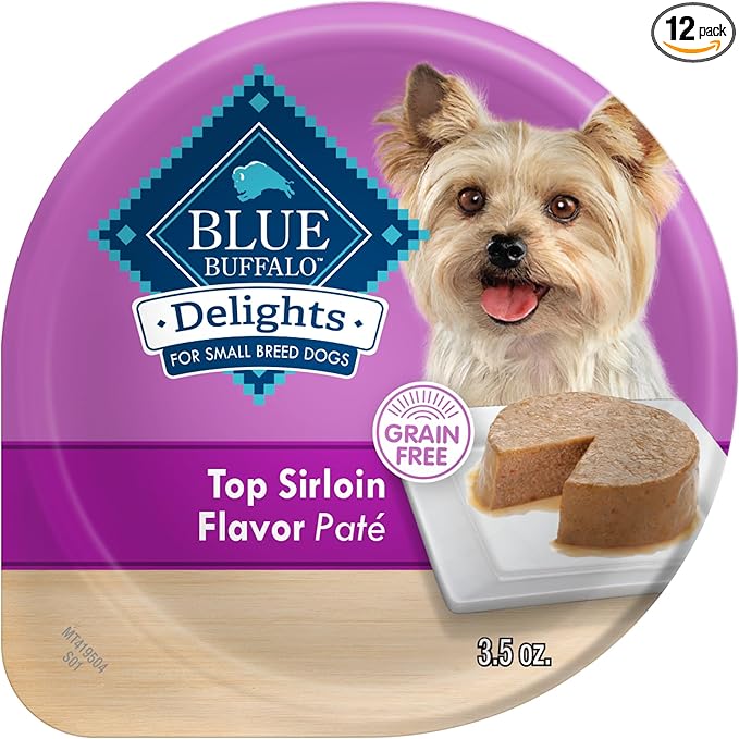 Blue Buffalo Delights Natural Adult Small Breed Wet Dog Food Cups, Pate Style, Top Sirloin Flavor in Savory Juice 3.5-oz (Pack of 12)