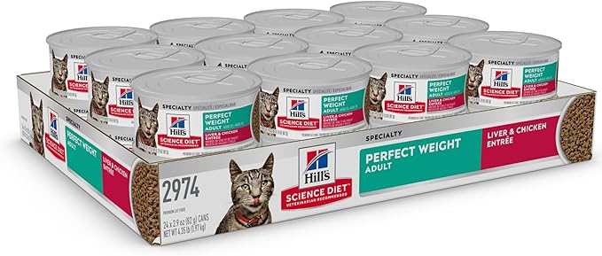 Hill's Science Diet Perfect Weight, Adult 1-6, Weight Management Support, Wet Cat Food, Liver & Chicken Minced, 2.9 oz Can, Case of 24