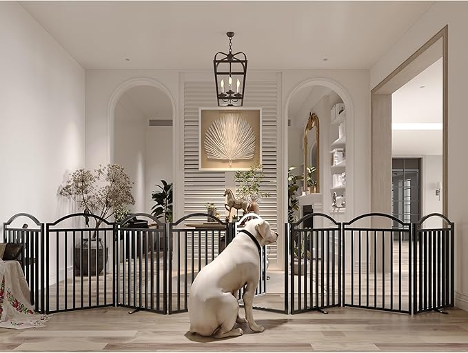 BHG Metal No-Assembly Freestanding Dog Gate with Door Walk Through, Extra Wide 96", Extra Tall 32" Pet Gate, Accordion Puppy Folding Playpen Dog Fence, with 4PCS Support (Black, 8 Panels)