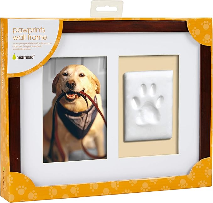Pearhead Pawprints Wall Frame Keepsake – Espresso Wood Shadowbox Kit for Dogs & Cats with Air‑Dry Clay Imprint, Photo Display 4" x 6"