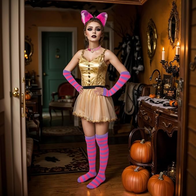 Fumwase Pink Purple Striped Cat Costume Set - Ears, Necklace, Furry Tail, Striped Gloves, Socks - Women's Cosplay Halloween