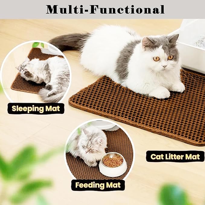 HCY&WLD Cat Litter Mat, Honeycomb Double Layer Cat Litter Trapping Mat, Waterproof Urine Proof Non-Slip, Scatter Control, Less Waste, Easier to Clean (Brown, 45" X 26")