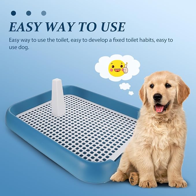 Dog Potty Tray with Wall Post: Indoor Puppy Training Toilet Blue Plastic Mesh Grate, Pee Pad Holder for Male Dogs, Keeps Paws Dry, Portable Pet Litter Box for Apartment