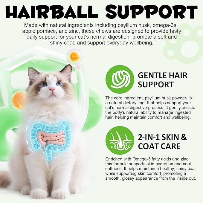 Hairball Control Cat Treats - Cat Hairball Remedy & Relief for Cats - Cat Hairball Control with Psyllium Seed Husk and Vitamins, Promotes Skin & Coat, Digestive, Urinary Health (2 Pack 200g)