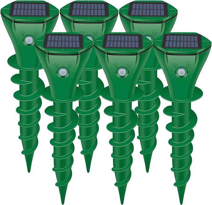 Mole Repellent Solar Powered Ultrasonic,Deer Repellent Devices,Gopher Trap Groundhog Repeller,Sonic Spikes Get Rid of All Pests Vole, Chipmunk,Cat,Skunk,Snake,Mole Trap for Lawn, Garden Yard (6P)