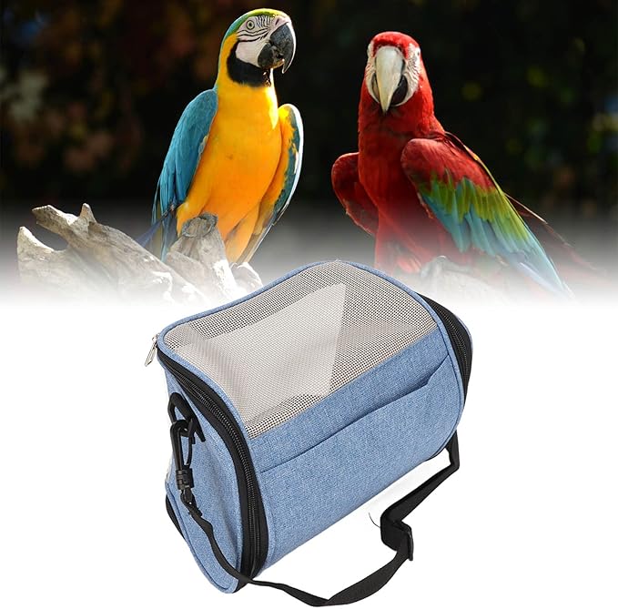 Transparent Bird Carrier Bag, Portable Parrot Travel Cage, Lightweight Breathable Backpack for Cockatiels Parakeets Small Birds with Rattan Weaving, Side Pockets and Two - Way Zipp (Blue)