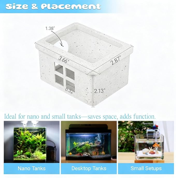 Marble Gray Floating Betta Fish Hideout with Window – 3D Aquarium Shelter & Feeding Platform – Betta Resting Cave for Fish Tank Decor (3.67"x2.87"x2.16")