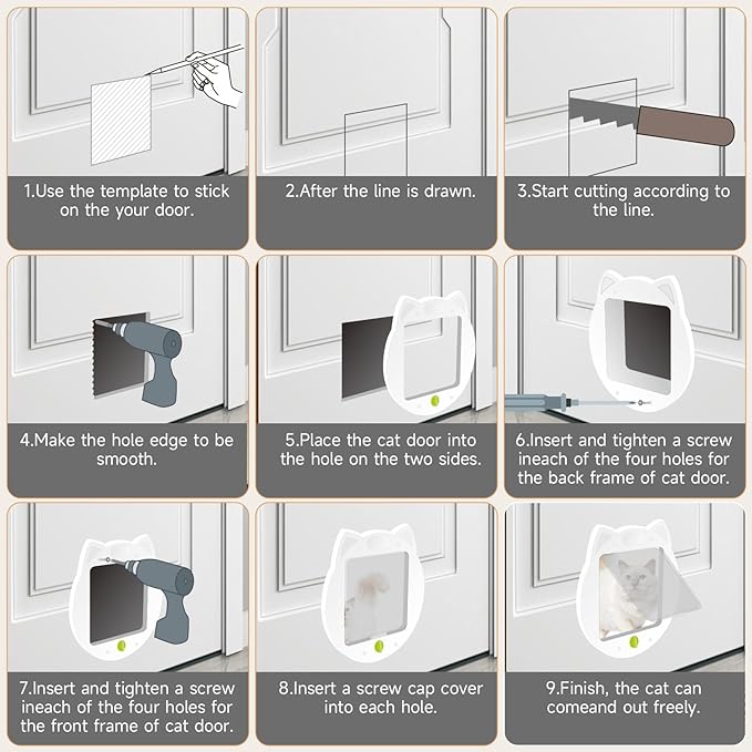 Cat Flap Door for Kitties, 4 Way Locking Pet Door for Interior Exterior Doors, Kitty Door, Indoor, Secured Installation in Minutes（White）