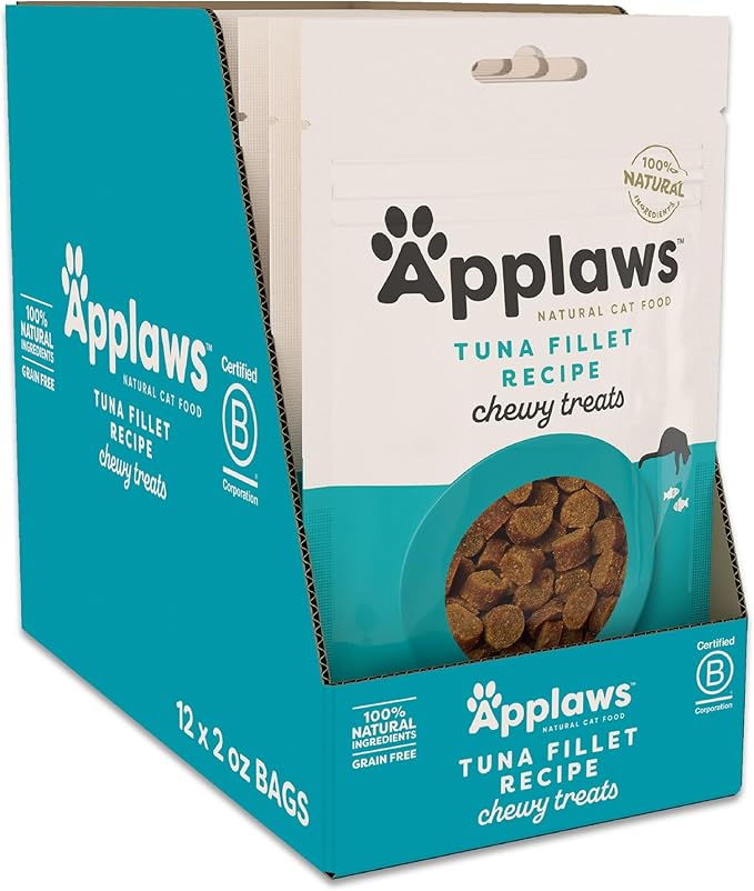 Applaws Natural Chewy Cat Treats, Grain-Free, High Protein, Limited Ingredients, No Artificial Additives or Fillers, Healthy & Nutritious Snack for Cats, Tuna (12 x 2.0oz Bags)