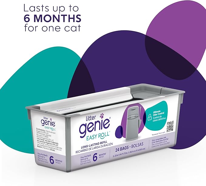 Litter Genie Easy Roll Refill Bags | Up to 6 months of supply in 1 Roll - 24 tear-off Bags | Ultimate Odor Control Cat Litter Bag (Pack of 2)