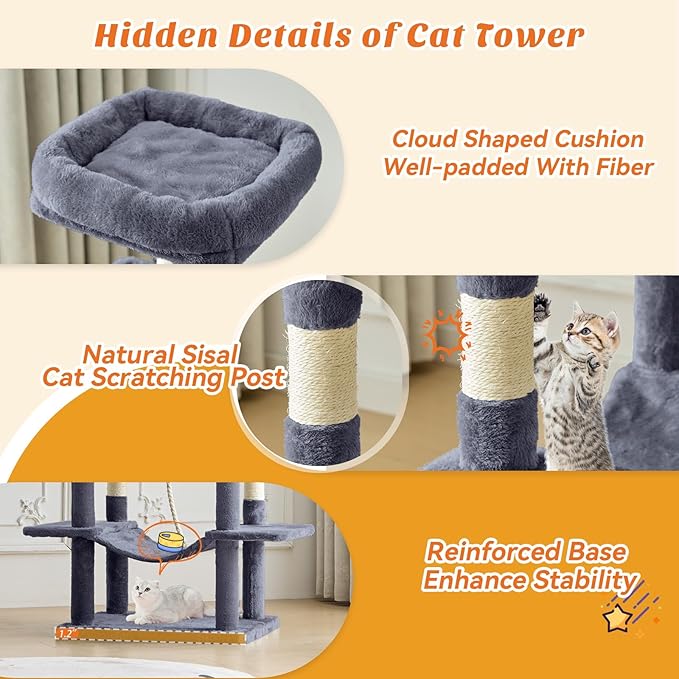 Sweetcrispy 66 Inch Cat Tree Tower, Multi Level Cat Climbing Tower with Natural Sisal Scratching Posts, Hammock, Pet Condo for Indoor Cats and Kittens Play, Dark Grey
