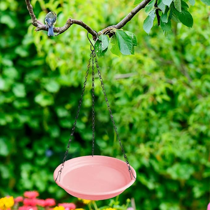 Hanging Bird Feeder and Waterer Tray Water Feeding Bowl Garden Decor with Chains Sturdy Birds Water Station for Backyard Yard, Pink