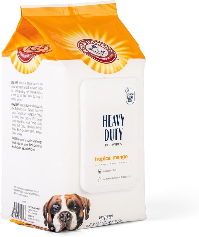 Arm & Hammer for Pets Heavy Duty Multipurpose Dog Wipes, Paw and Butt Wipes for Dogs to Help Clean Deodorize and Freshen Coat and Skin Between Baths, Mango Scent, 100 Count - 6 Pack