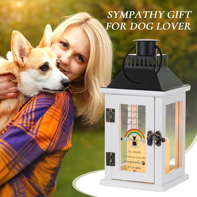 Memorial Gifts for Loss of Dog - Pet Sympathy Remembrance Passing Away Gift Ornament with LED Candle, White Bereavement Funerary Lantern Decor with Remote Control