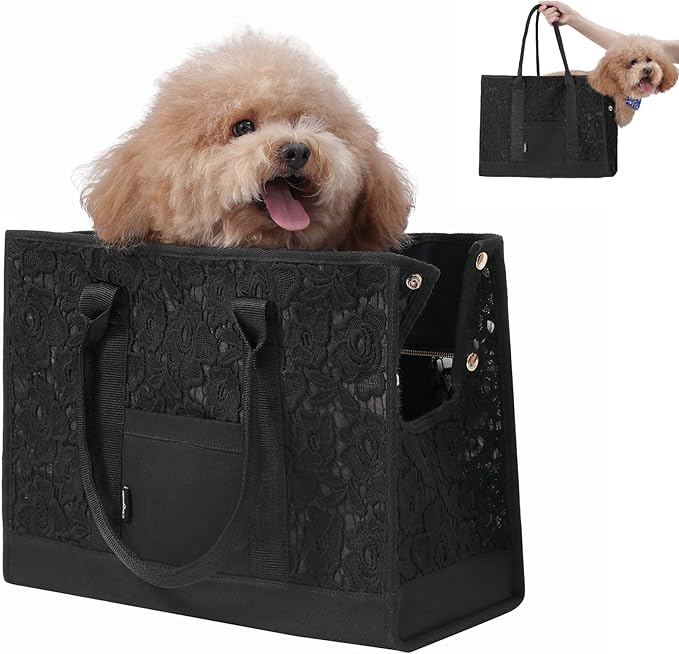 Black Dog Carrier Purse Lace Pet Dog Cat Carrier Tote Bags Fits Small Medium Dogs Puppy for Travel Hiking Walking with Lace Anti-Grab Net & PP Pad
