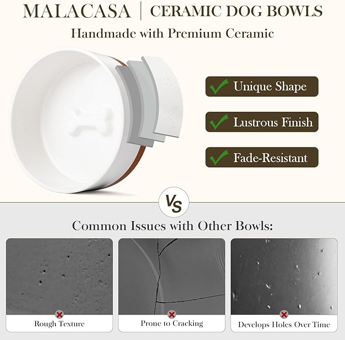 MALACASA Ceramic Dog Bowls Small Size Dog with Wood Stand, 1.5-Cup Ceramic Puppy Bowls for Cats & Small Dogs, Dual Food and Water Bowls with Weighted Non-Slip Base, Glaze Matte,14 Oz
