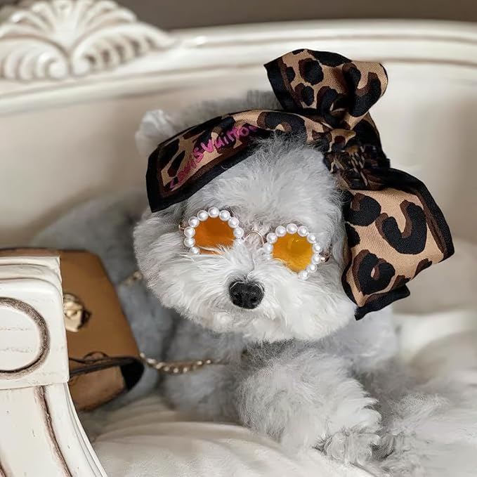 KUDES Cute Dog Sunglasses Pearl Dog Sunglasses Small Medium Breed Girl Holiday Party Pet Costume Accessories (Gold, Medium)
