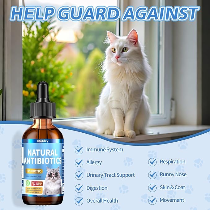Natural Antibiotics for Cats, Cat Antibiotics Supplement for Allergy Itch Relief, Immune Support, Skin Issue, UTI, Natural Herbal Supports for Cats All Breeds and Ages-Chicken Flavor | 2 fl oz