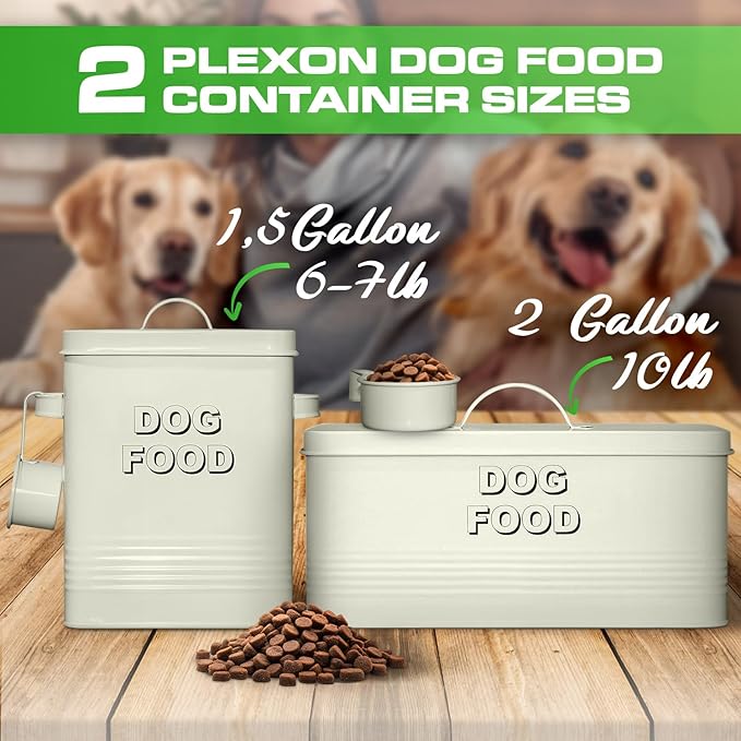 Plexon Metal Dog Food Storage Container with Scoop - Small Dog Food Container Holder Treat Jar Bin with Lid - Pet Chow Storage Canister Tin, 1.5 Gallon, 7 lbs, Off-White