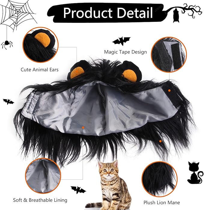 Cat Halloween Costumes- Black Lion Mane Wig Pet Costumes Hat for Halloween Christmas Dress Up Accessories Decoration for Kitten Cats,Size M