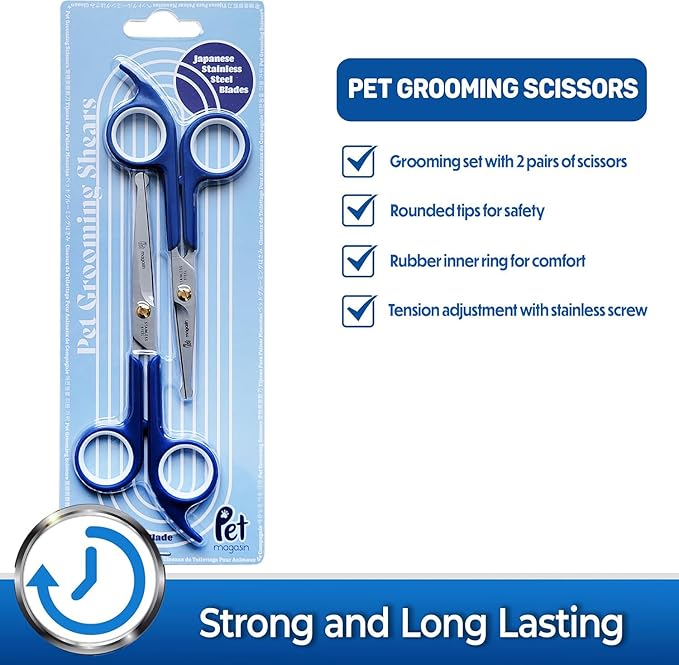 Pet Magasin Japanese Stainless Steel Grooming Scissors (2) for Facial Hair and Larger for Body Trimming with Round Tip (Blue)