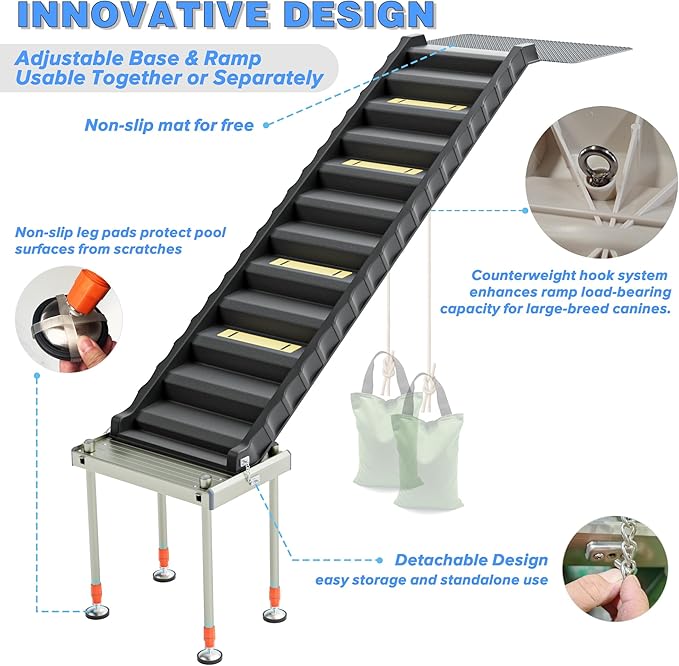 Adjustable 4-Leg Dog Pool Ramp - Quick Setup & Foldable Dog Ramp for Pool, 200lbs Capacity - Non-Slip Design for Enhanced Stability, Black