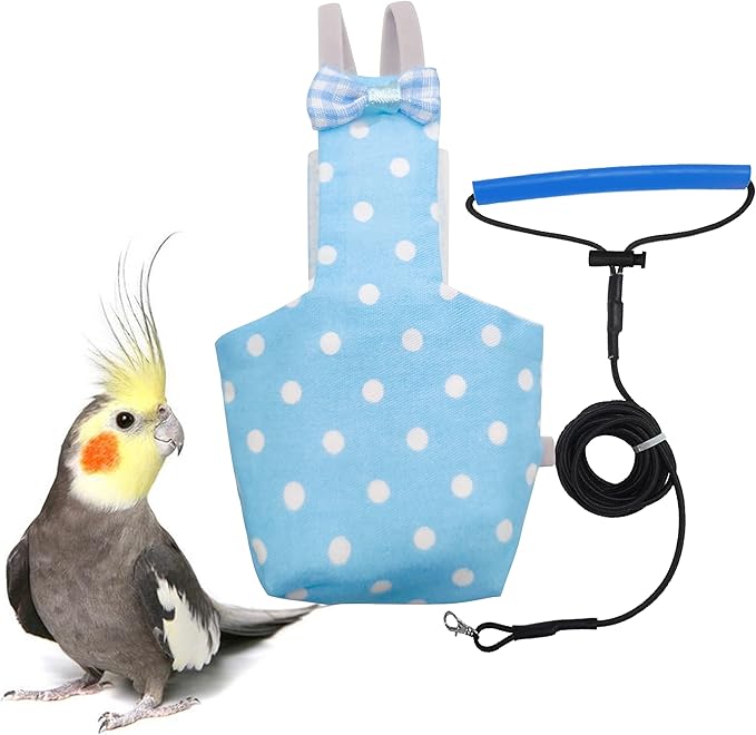 VANFAVORI Bird Diaper Harness Flight Suit Clothes with 80 Inch Flying Leash Rope for Parrots Conure Cockatiel Pet Birds Weight 80-105 Grams, M Size Blue, Including A Cotton Pad