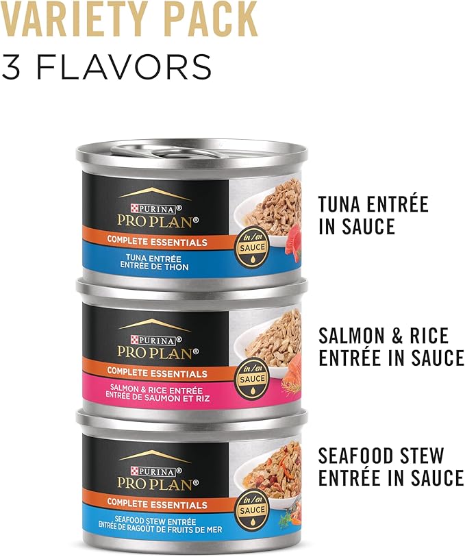 Purina Pro Plan High Protein Wet Cat Food Variety Pack,Complete Essentials Seafood Favorites - 3 oz. Cans,(Pack of 48)