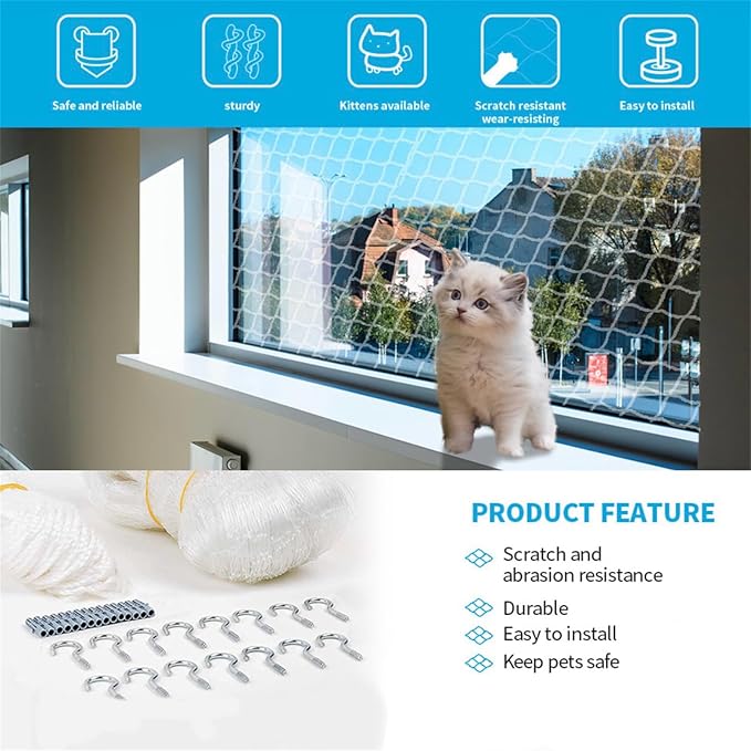 Balcony Screen for Pets,Cat Netting Balcony,Anti-Fall Pet Mesh Fence,Bite Tear Resistant,Dogs&Cat Safety Net for Balcony, Window, Stair, Patio,Anti Bird Netting for Garden/Balcony (10*26 ft)
