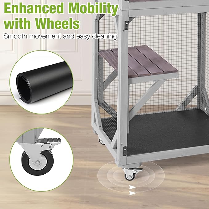 GUTINNEEN Catio Outdoor Cat Enclosure Mobile Cat House Indoor On Wheels with Scratch Post, Hammock, Resting Box, Platform, Tarp Roof 62.8", Grey