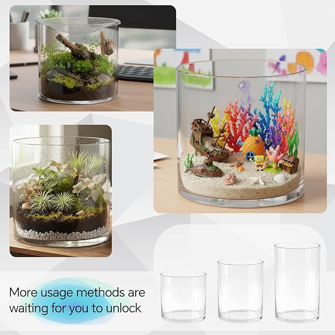 Maxdot 3.2 Gallon Cylindrical Glass Fish Tank Solid Base, 360° Full View Desktop Aquarium Starter, Easy to Maintain Small Microfauna for Betta Snails Shrimp Aquatic Planting and Small Plant Terrarium
