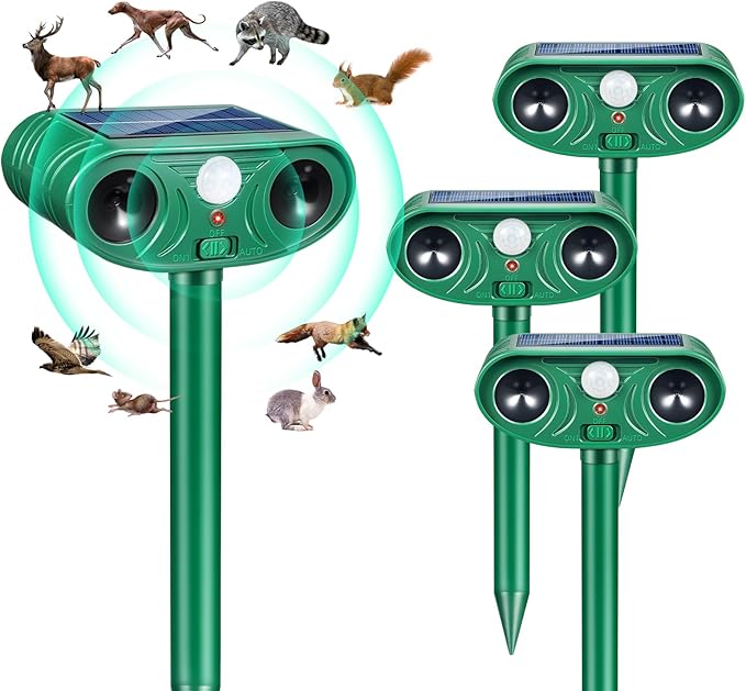 2026 Solar Animal Repellent Outdoor&Cat Repellent Outdoor with Motion Deer Repellent Devices Ultrasonic Cat Deterrent Fox Raccoon Squirrel Rabbit Coyote Deterrent for Farm Orchard Garden 4 PCS