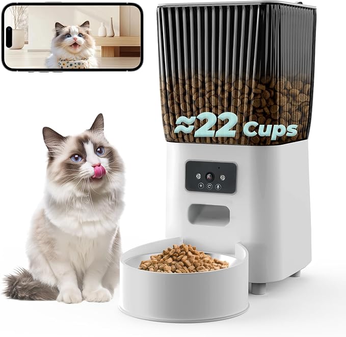 Automatic Cat Feeder with Camera, 5L Smart Dog Food Dispenser with App Control, 1080P Night Vision, Two-Way Audio. 22 Cups Large Hopper, Motion Detection, Timer (5L Single Bowl)