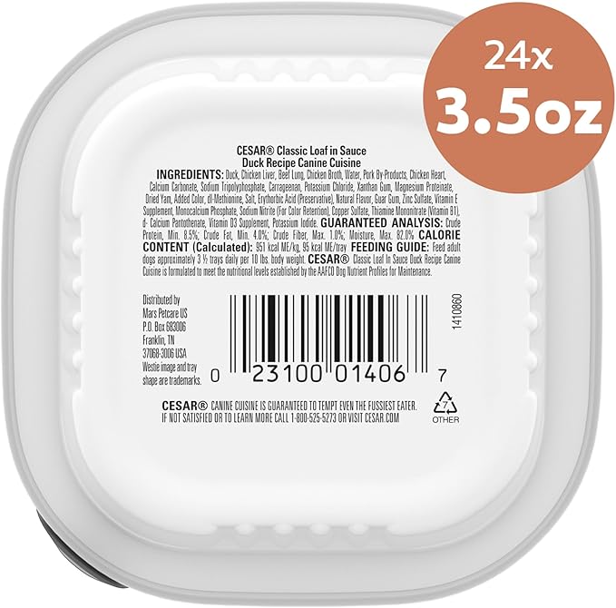 Cesar Classic Loaf in Sauce Adult Wet Dog Food Duck Recipe, (24) 3.5 oz. Easy Peel Trays, 24 Count (Pack of 1)