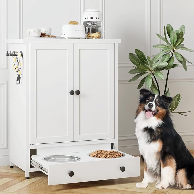 Dog Feeding Station with Storage, Metal Dog Food Storage Cabinet with 2 Elevated Bowls and 3 Hooks, Pet Feeding Station and Dogs Food Storage Organizer, White