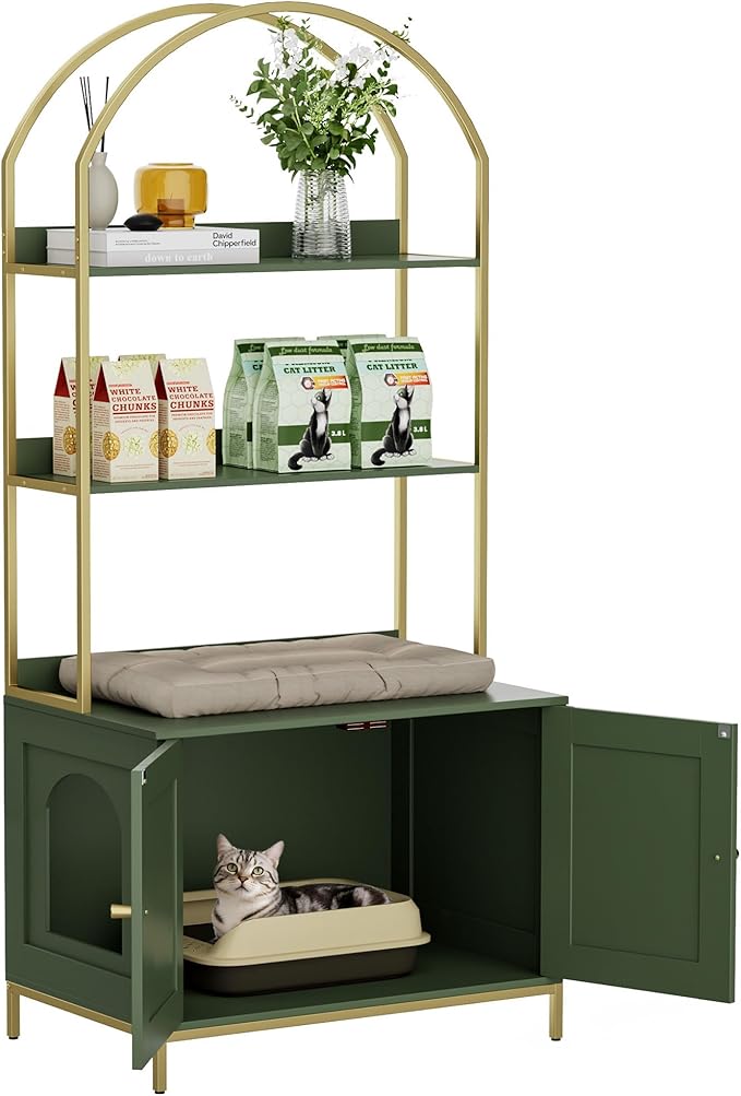 Homhedy Cat Litter Box Enclosure, Litter Box Furniture Hidden with 2-Tier Storage Shelves, Wooden Cat Washroom Furniture with Metal Frame, Modern Style, Green and Gold