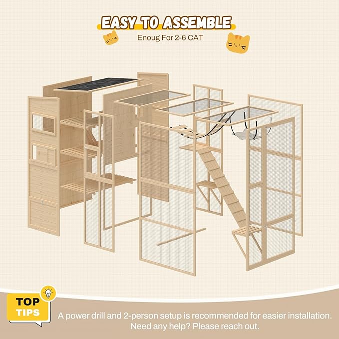 Large 4-Tier Outdoor Cat Enclosure Walk-in Catio with Weatherproof Solid Wood House, Connect to Window, 4 Platforms, 4 Private Resting Rooms & Bridge, for Multiple Cats (Natural)